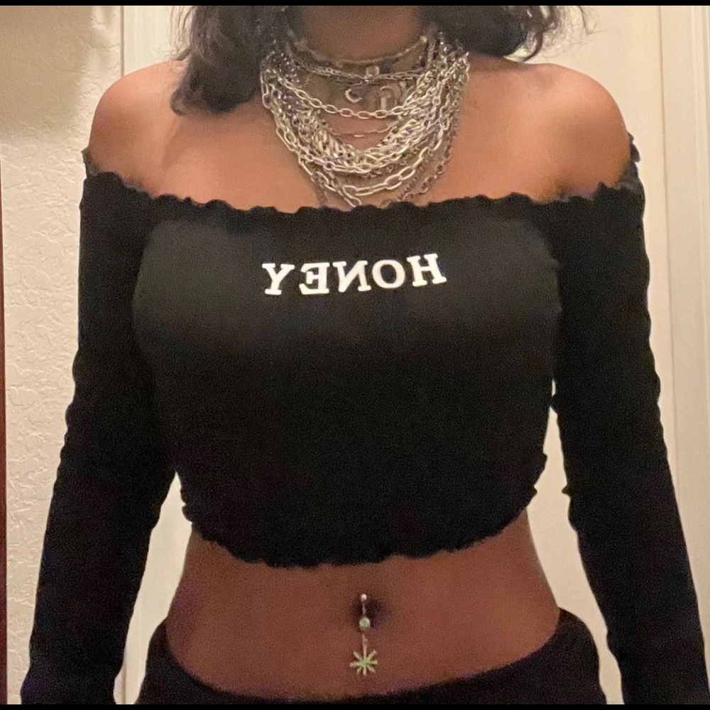 Off Shoulder Letter Print Rib-knit Top